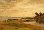 Albert Hertel Coastline at low tide in the evening light. Resting in the foreground dry sailing boats France oil painting artist